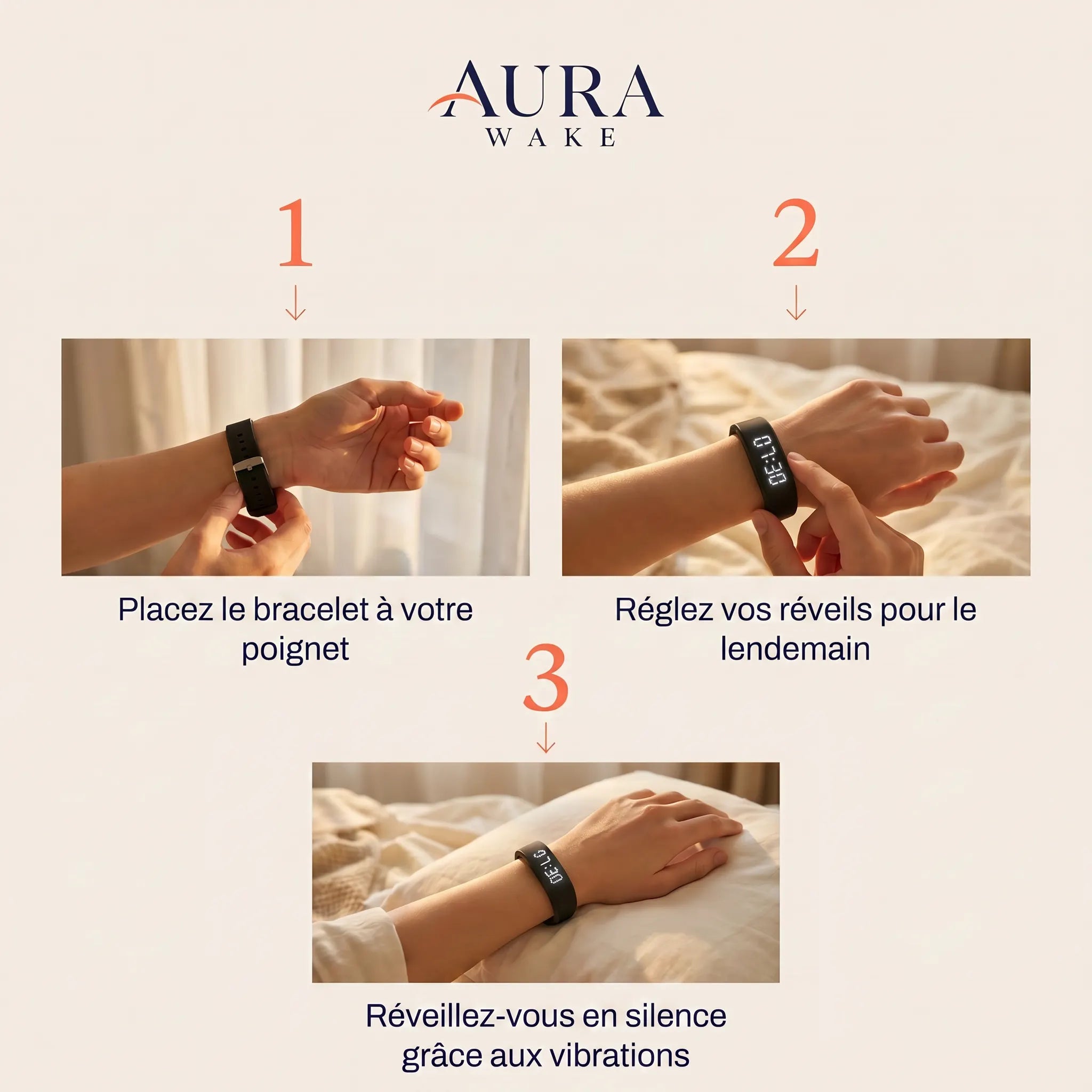 Aura Wake — Bracelet réveil vibrant silencieux